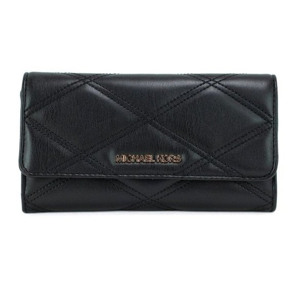 NEW Michael Kors Jet Set Travel Large Black Quilted Trifold Wallet Vegan Leather
